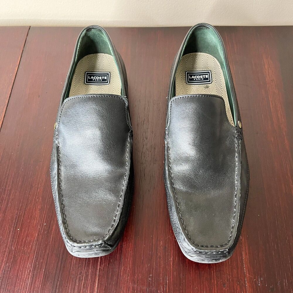 Lacoste Mens Black Leather Loafers Sz 9.5 Slip On Moccasins Driving Shoes